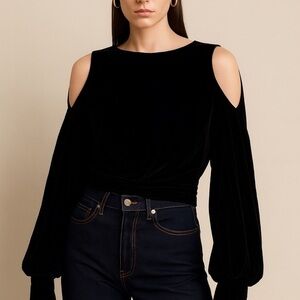 Madeinam black velvet open tie back slouchy sleeve blouse